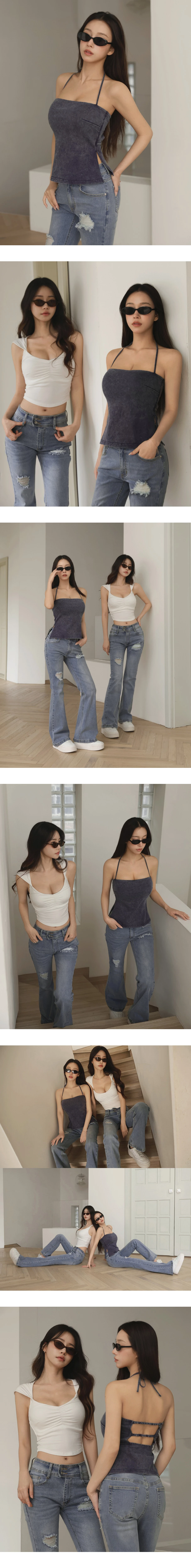 平口繞頸綁帶側開衩後鏤空水洗雪花背心(附胸墊)