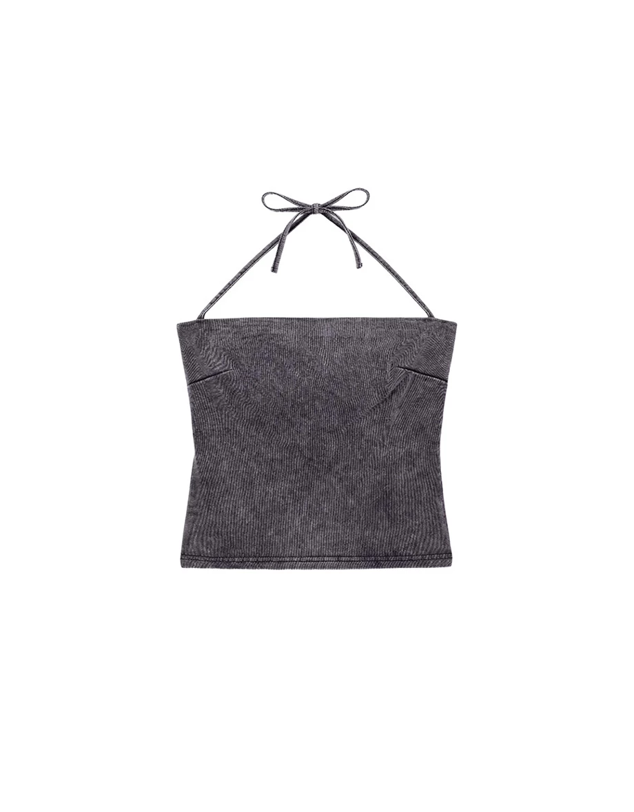 平口繞頸綁帶側開衩後鏤空水洗雪花背心(附胸墊)