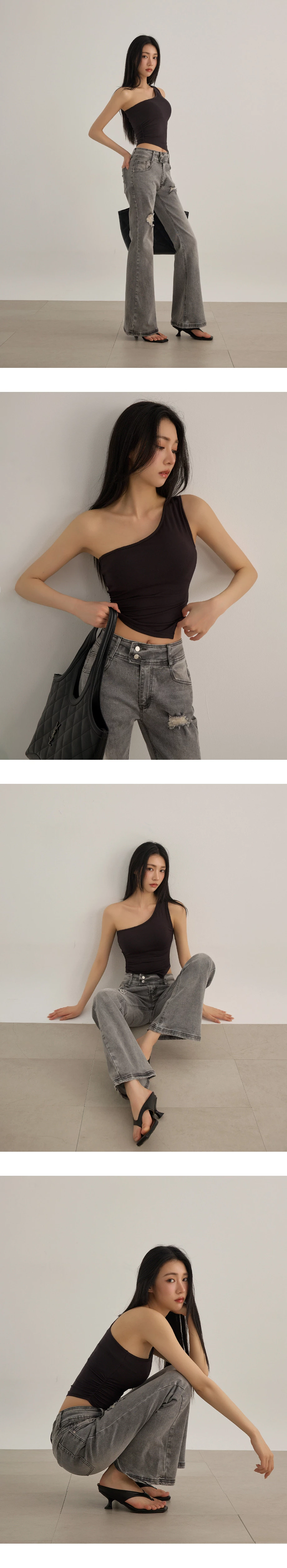 不對稱領單肩帶側抓皺不規則下擺短版BRA背心