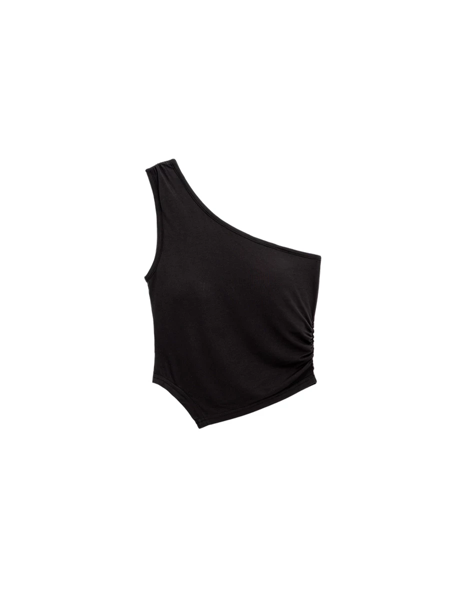 不對稱領單肩帶側抓皺不規則下擺短版BRA背心