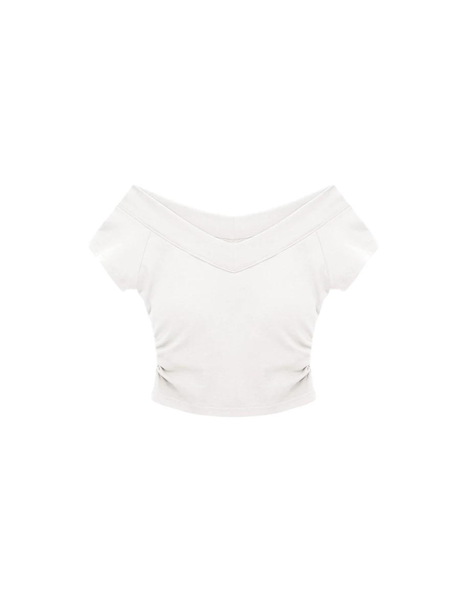 V型一字領拉格蘭短袖側抓皺短版BRA TOP