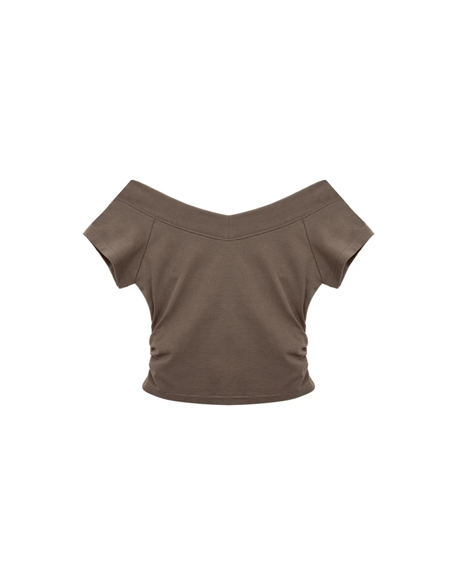 V型一字領拉格蘭短袖側抓皺短版BRA TOP