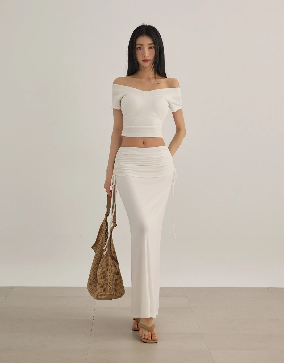 V型一字領拉格蘭短袖側抓皺短版BRA TOP