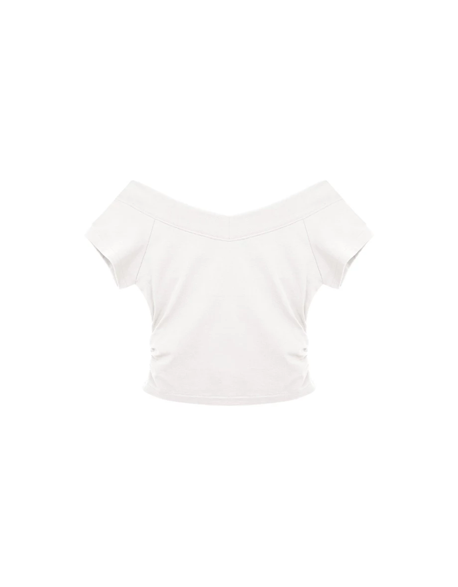 V型一字領拉格蘭短袖側抓皺短版BRA TOP