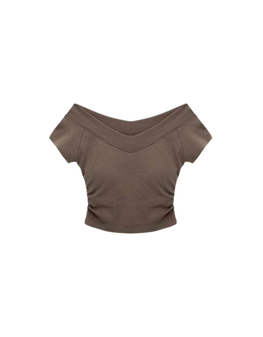 V型一字領拉格蘭短袖側抓皺短版BRA TOP