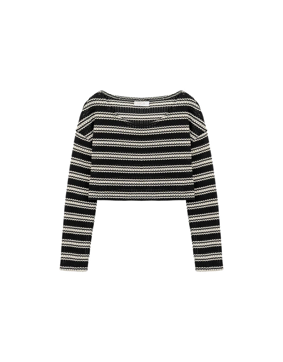 Reversible Neckline Striped Hollow Pointelle Knit Crop Top