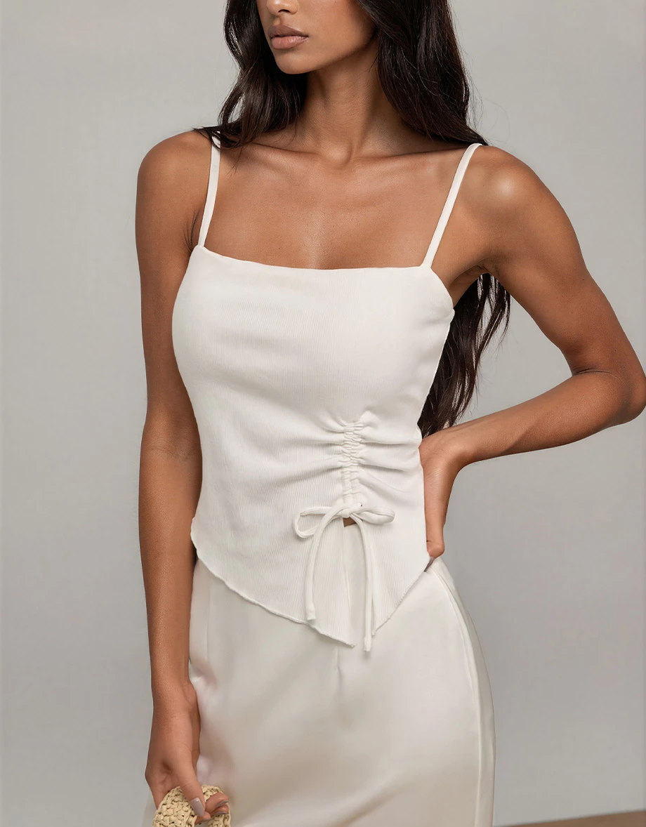 Asymmetrical Hem Side Drawstring Fine Ribbed Knit Padded Camisole Top Asymmetrical Hem Side Drawstring Fine Ribbed Knit Padded Camisole Top