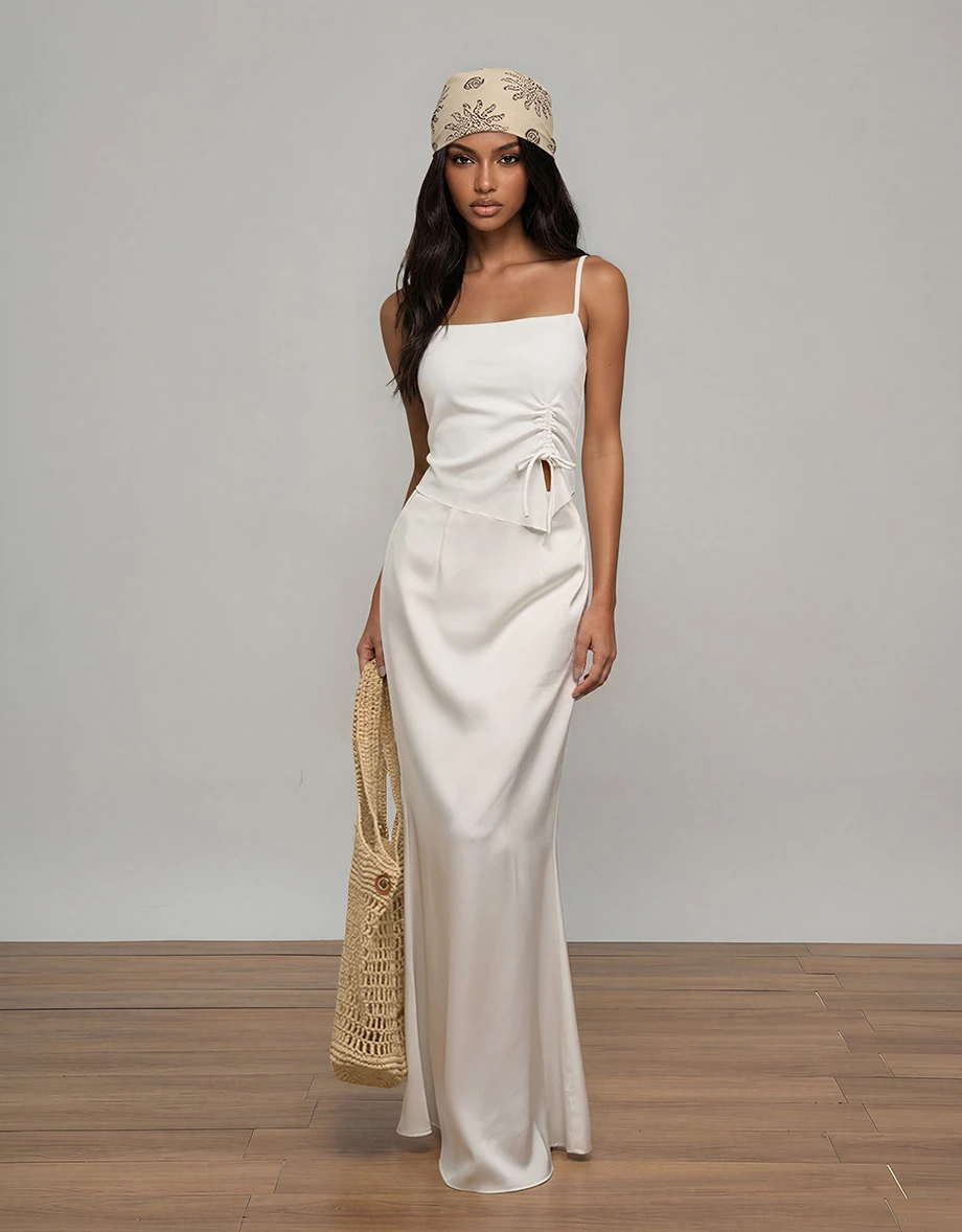 Asymmetrical Hem Side Drawstring Fine Ribbed Knit Padded Camisole Top Asymmetrical Hem Side Drawstring Fine Ribbed Knit Padded Camisole Top