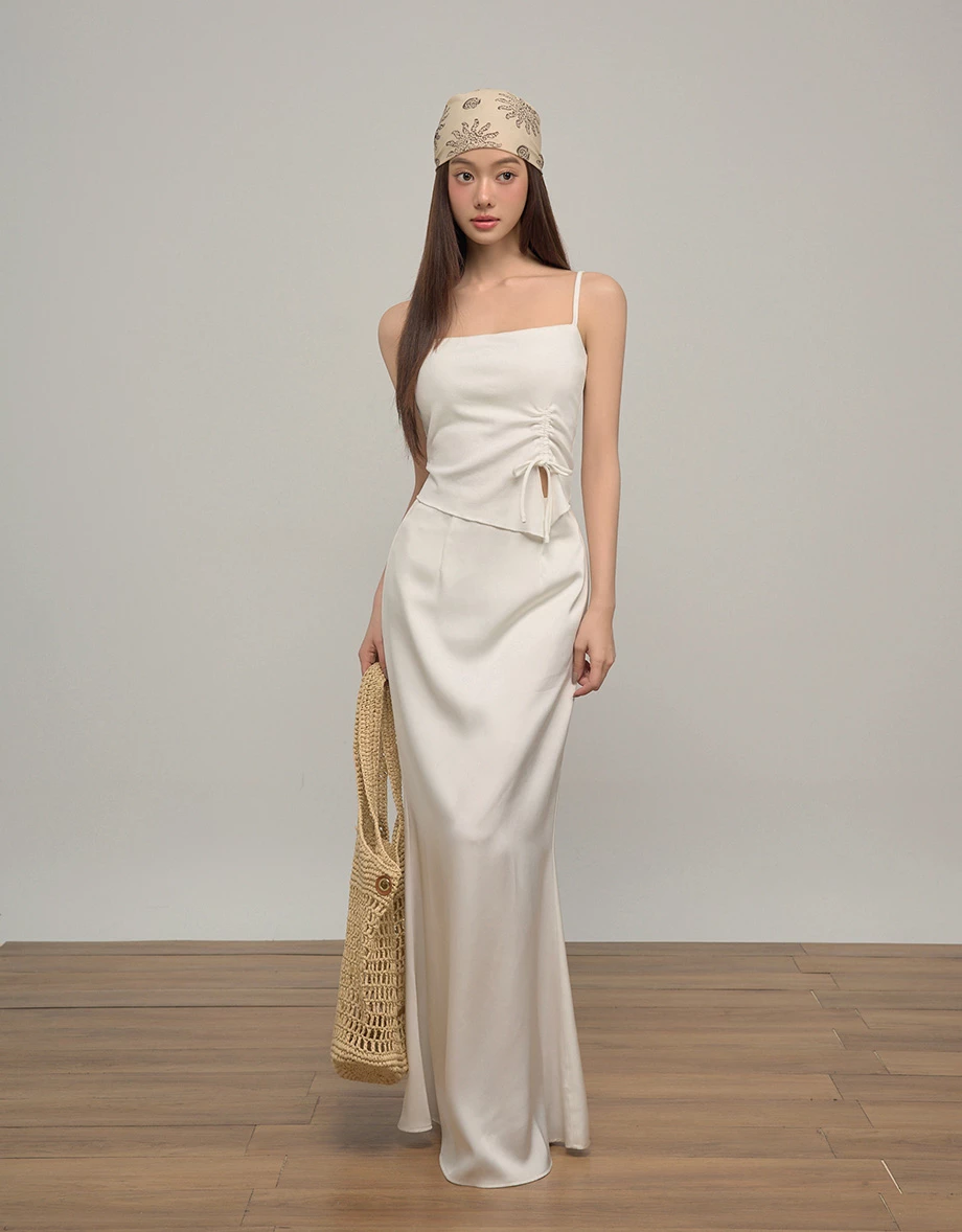 Asymmetrical Hem Side Drawstring Fine Ribbed Knit Padded Camisole Top