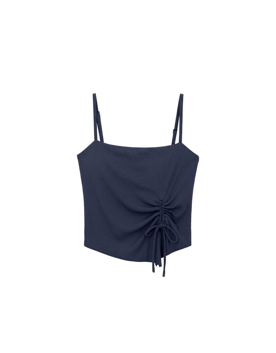 Asymmetrical Hem Side Drawstring Fine Ribbed Knit Padded Camisole Top Asymmetrical Hem Side Drawstring Fine Ribbed Knit Padded Camisole Top