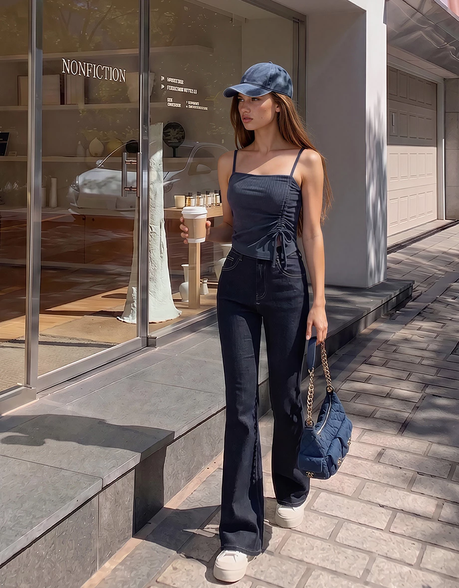 Asymmetrical Hem Side Drawstring Fine Ribbed Knit Padded Camisole Top Asymmetrical Hem Side Drawstring Fine Ribbed Knit Padded Camisole Top