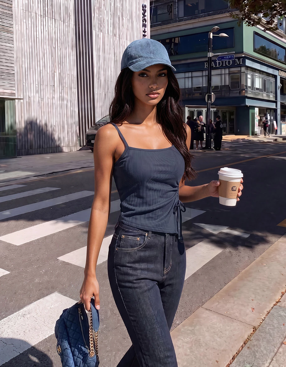 Asymmetrical Hem Side Drawstring Fine Ribbed Knit Padded Camisole Top Asymmetrical Hem Side Drawstring Fine Ribbed Knit Padded Camisole Top