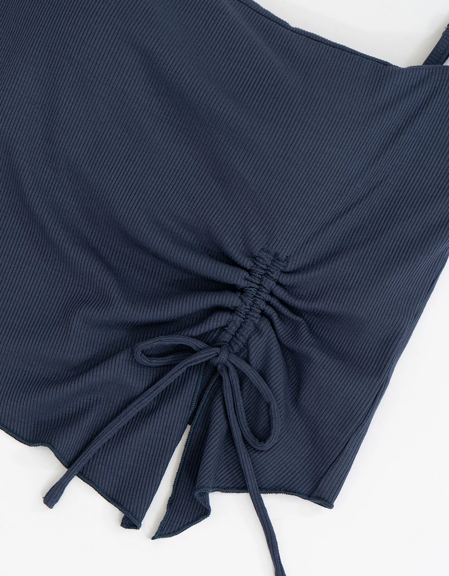 Asymmetrical Hem Side Drawstring Fine Ribbed Knit Padded Camisole Top Asymmetrical Hem Side Drawstring Fine Ribbed Knit Padded Camisole Top