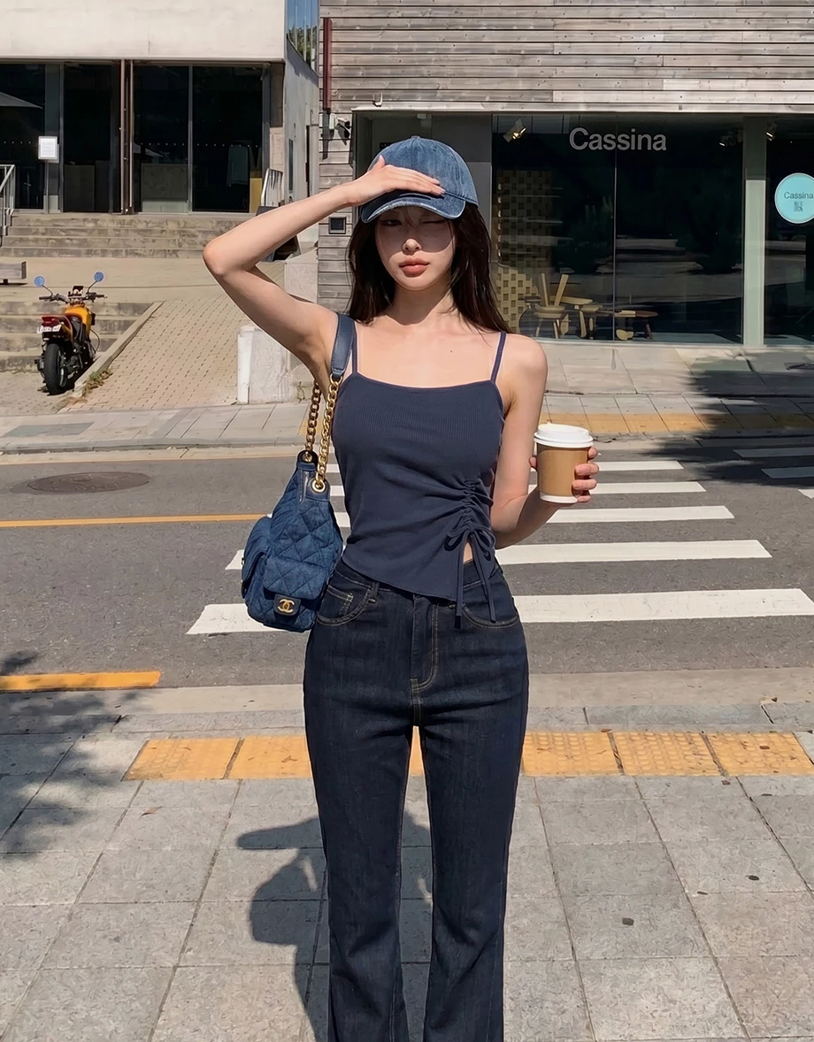 Asymmetrical Hem Side Drawstring Fine Ribbed Knit Padded Camisole Top