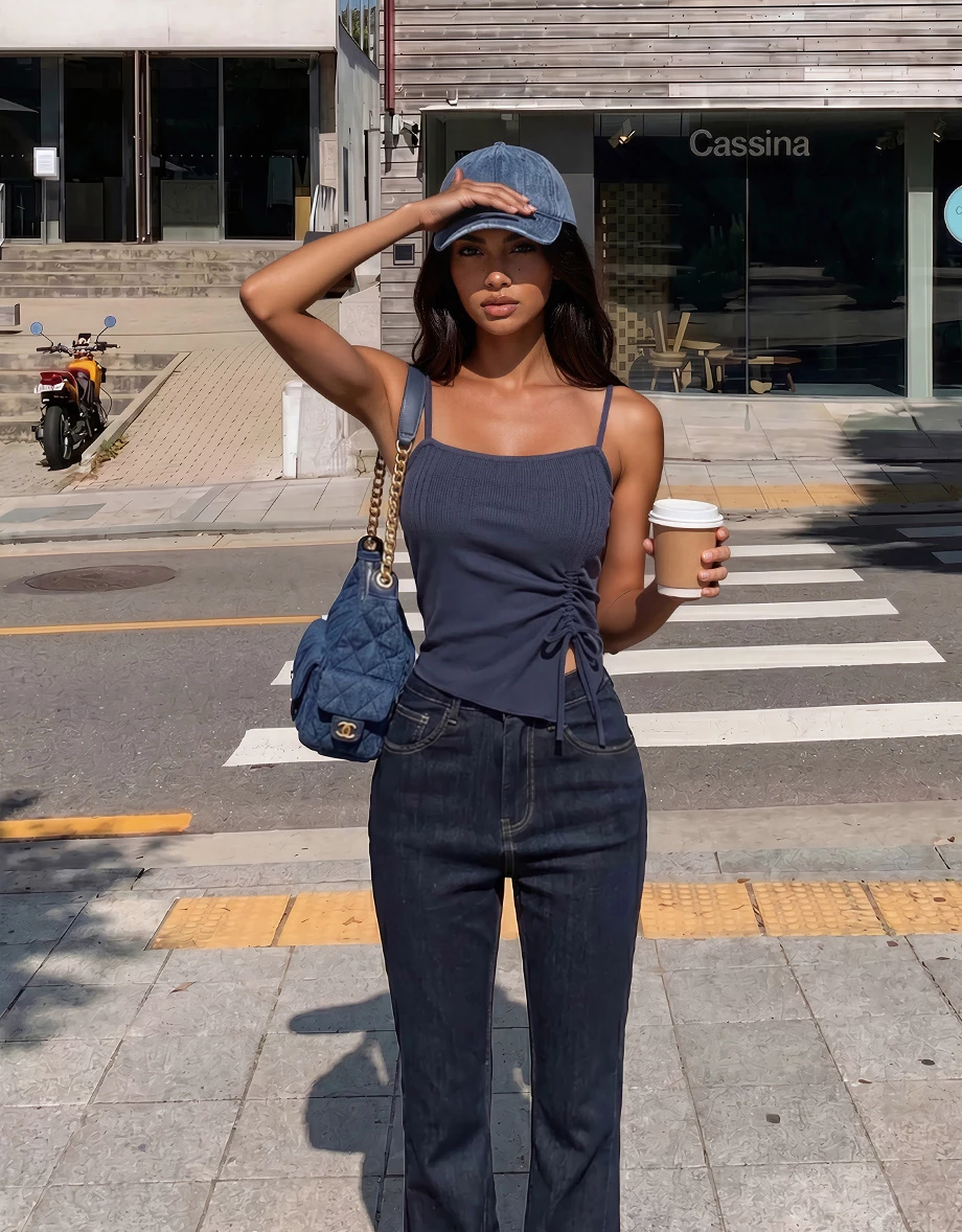 Asymmetrical Hem Side Drawstring Fine Ribbed Knit Padded Camisole Top Asymmetrical Hem Side Drawstring Fine Ribbed Knit Padded Camisole Top