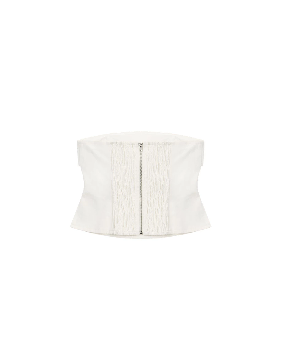 Fold Over Neckline Smocked Back Strapless Corset Padded Bandeau Top Fold Over Neckline Smocked Back Strapless Corset Padded Bandeau Top