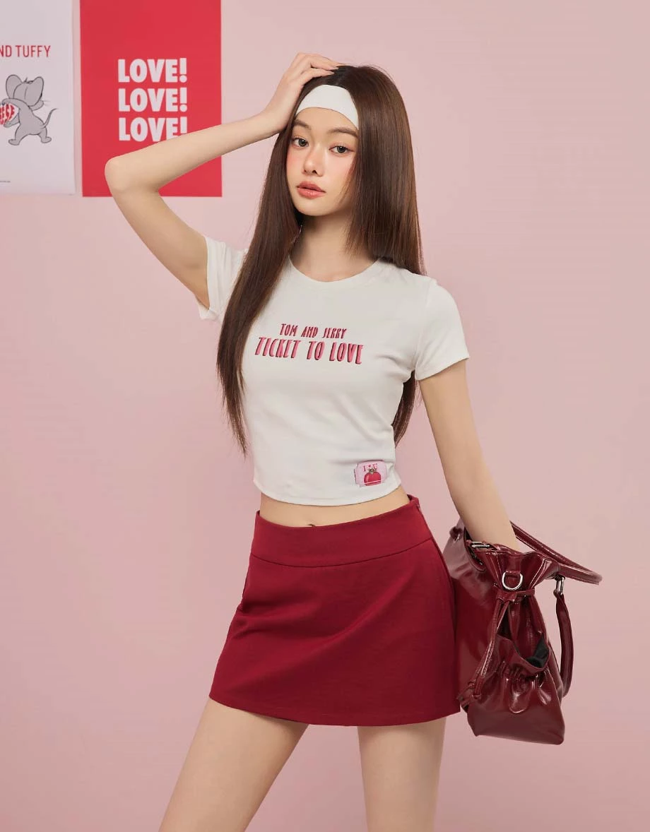 【湯姆貓與傑利鼠】 字母印花圓領短袖短版TEE