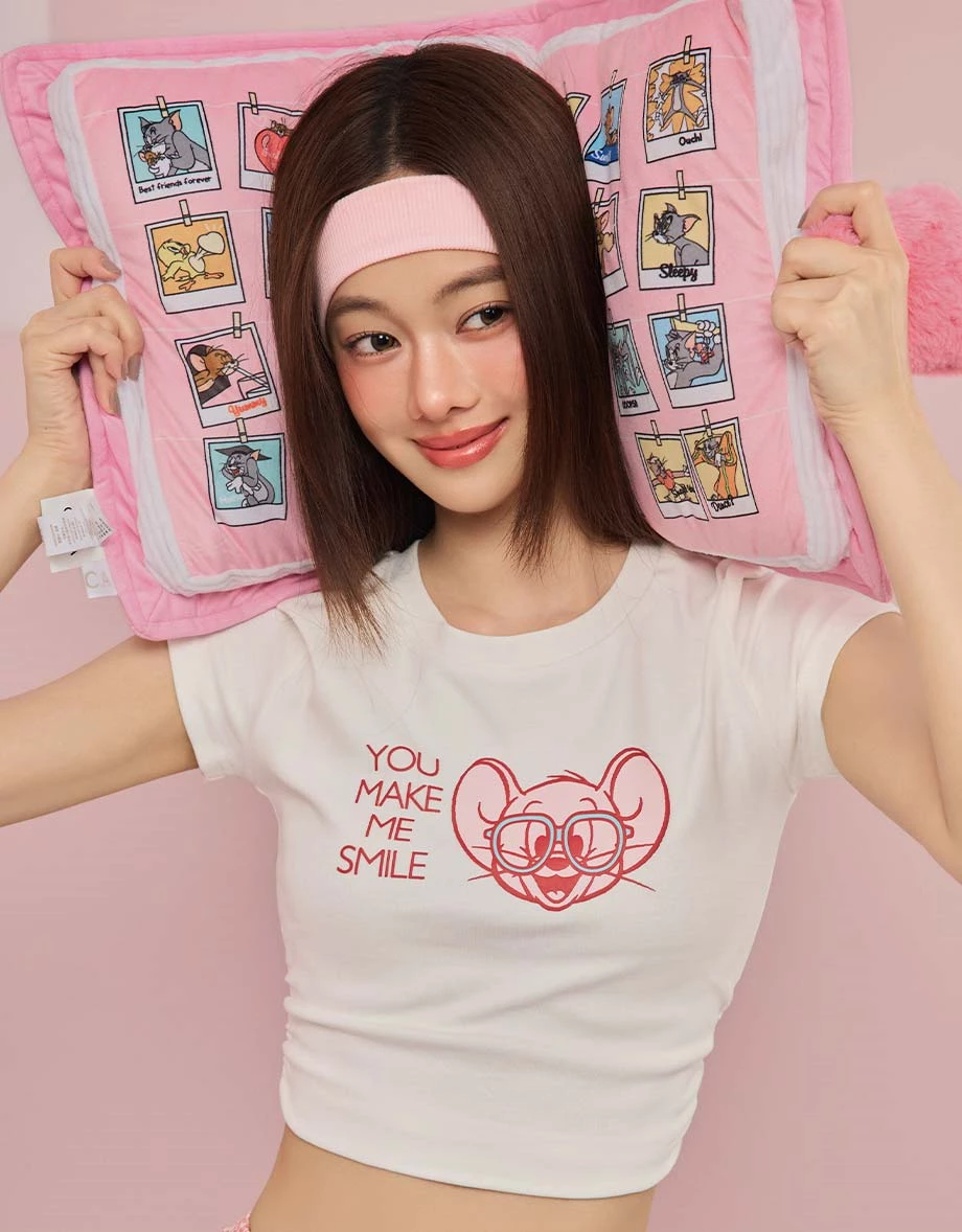 【湯姆貓與傑利鼠】 彩色印花圓領短袖短版TEE