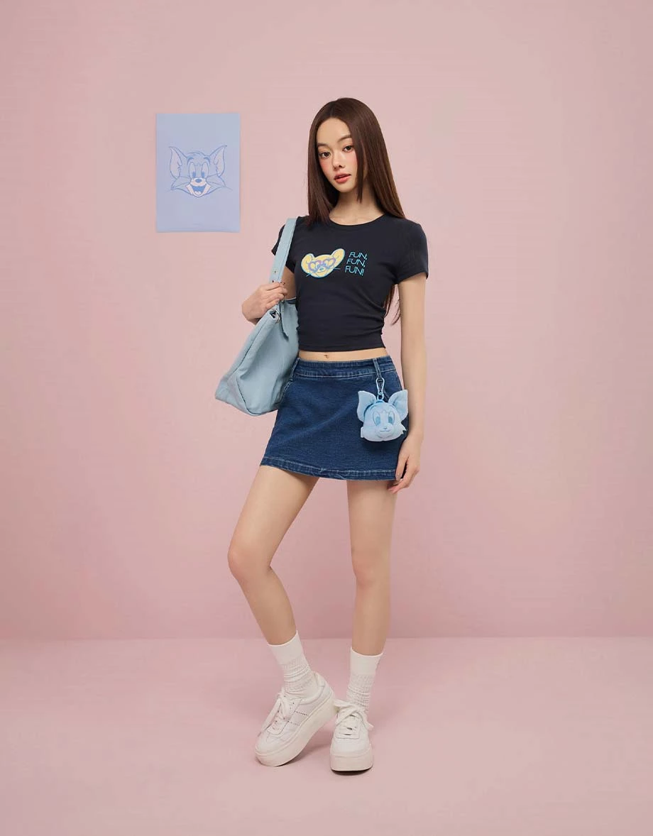【湯姆貓與傑利鼠】 彩色印花圓領短袖短版TEE