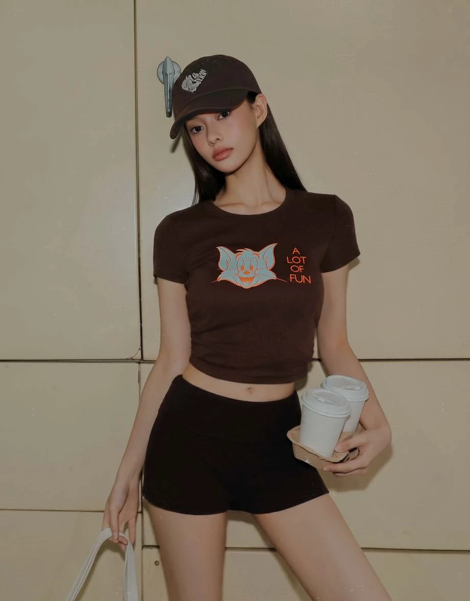 【湯姆貓與傑利鼠】 彩色印花圓領短袖短版TEE