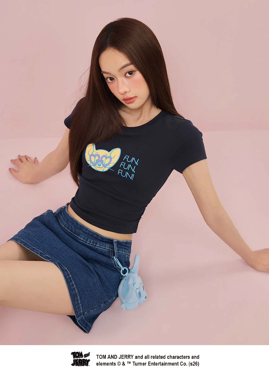 【湯姆貓與傑利鼠】 彩色印花圓領短袖短版TEE