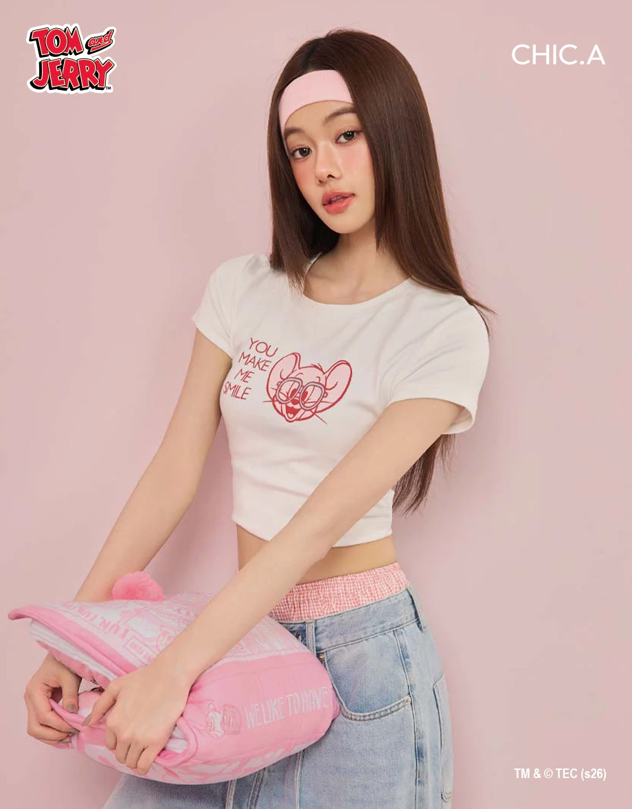 【湯姆貓與傑利鼠】 彩色印花圓領短袖短版TEE