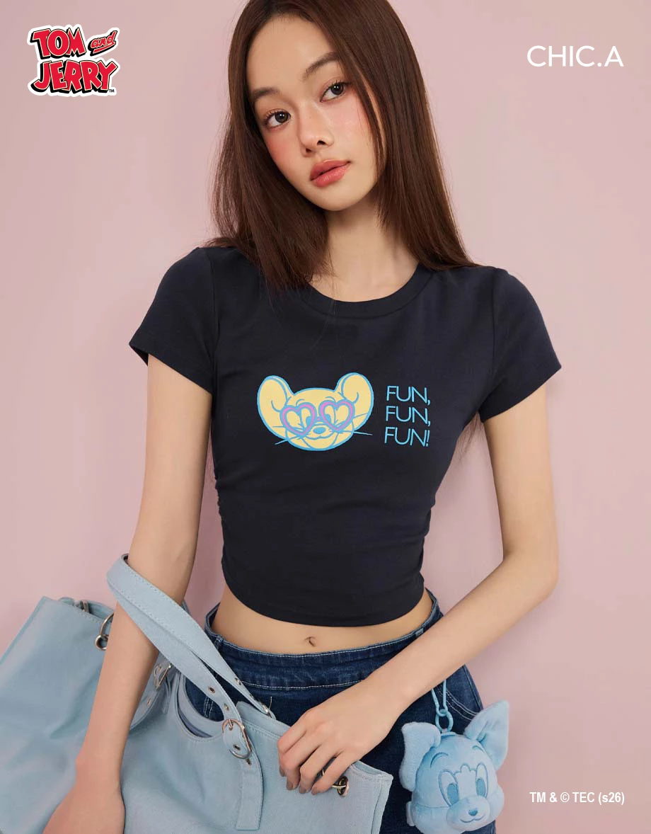 【湯姆貓與傑利鼠】 彩色印花圓領短袖短版TEE