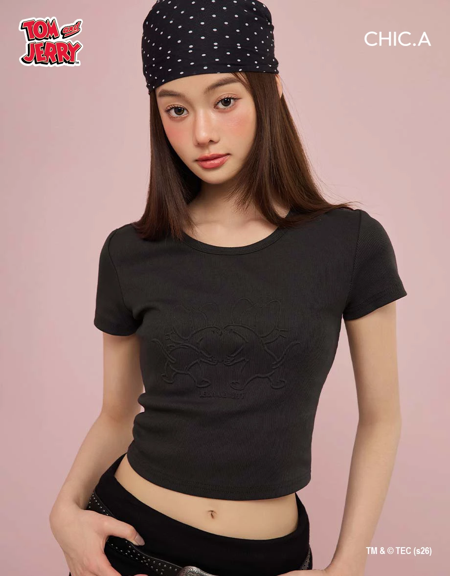 【湯姆貓與傑利鼠】 鋼印圖案圓領短袖短版羅紋TEE