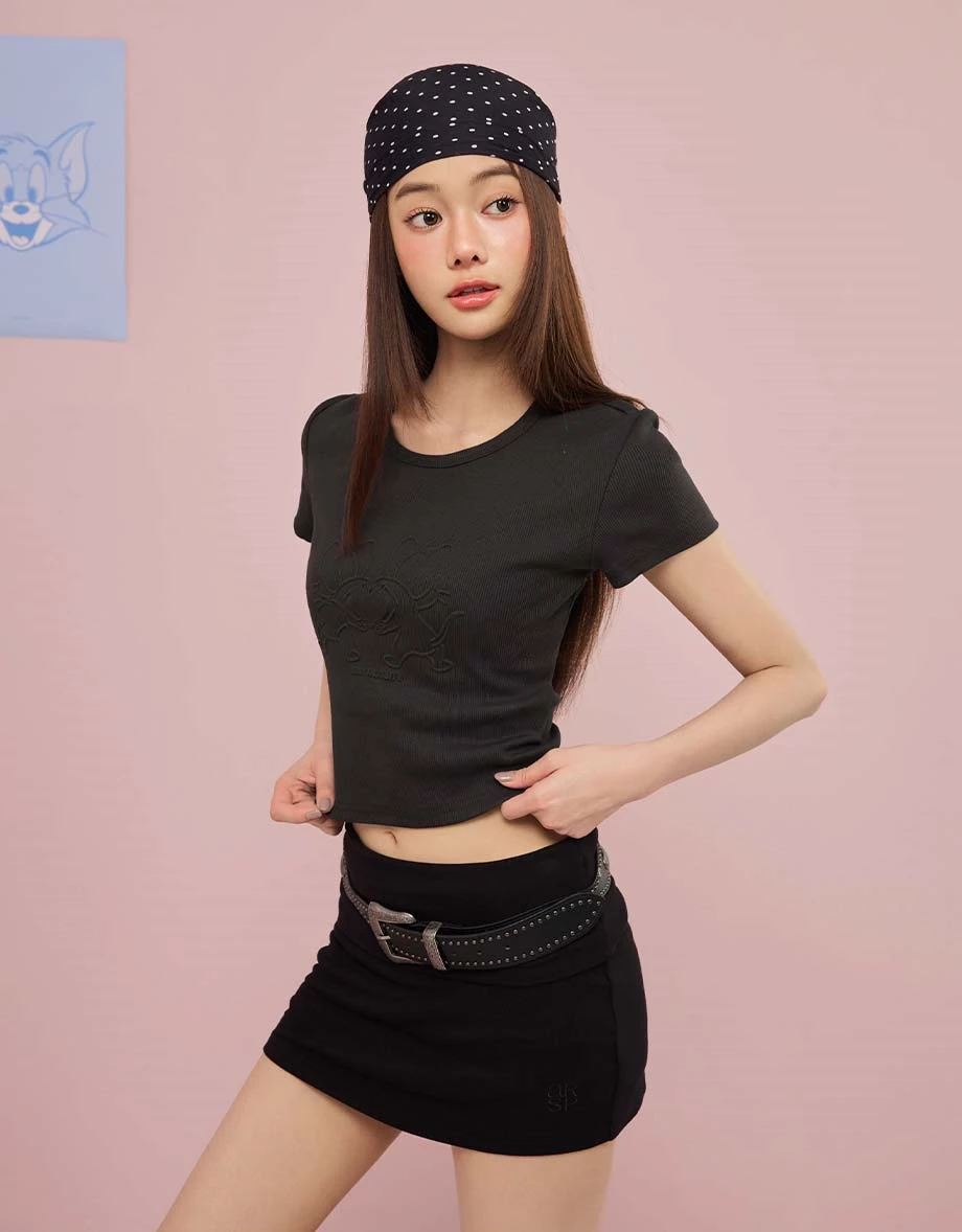 【湯姆貓與傑利鼠】 鋼印圖案圓領短袖短版羅紋TEE