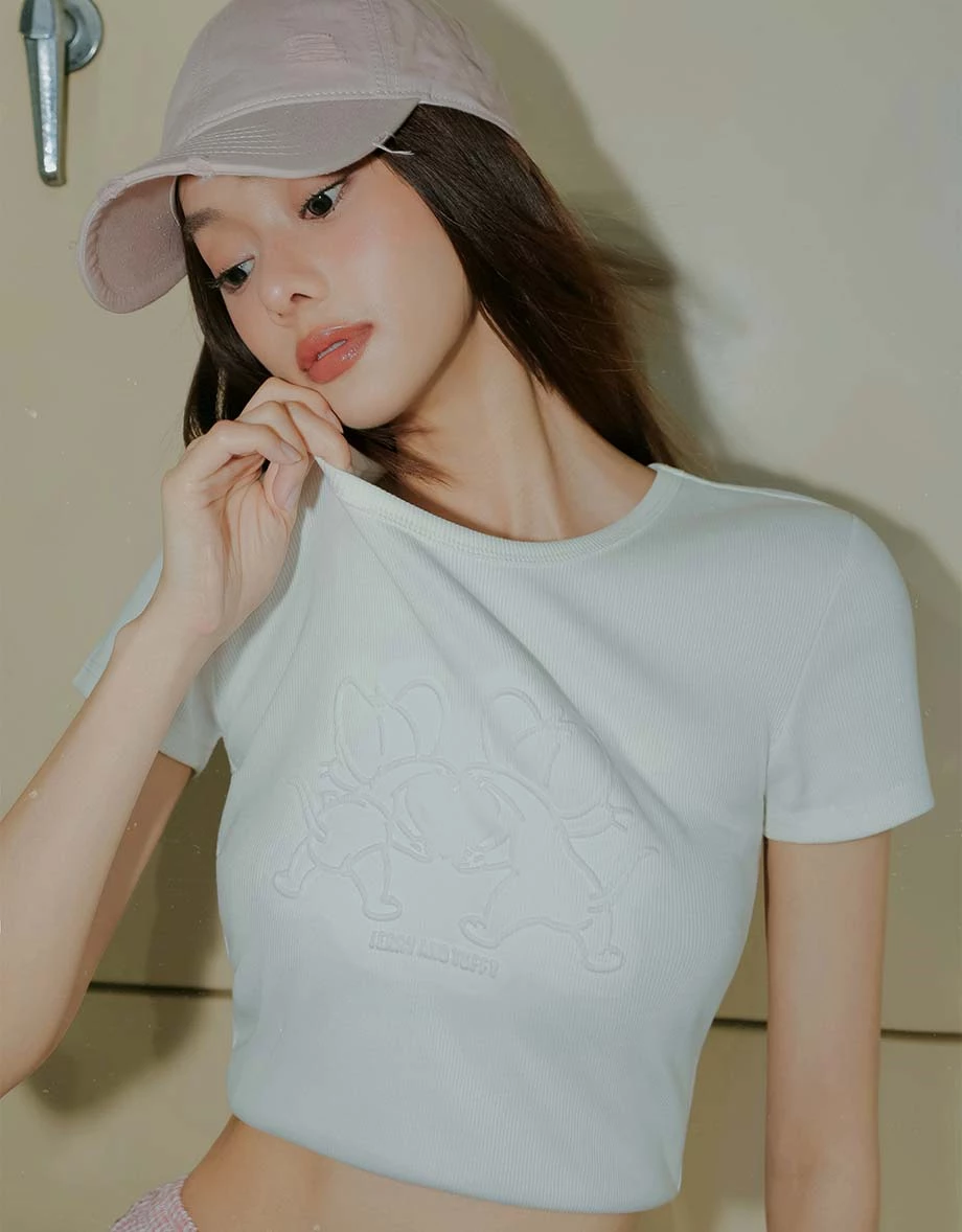 【湯姆貓與傑利鼠】 鋼印圖案圓領短袖短版羅紋TEE