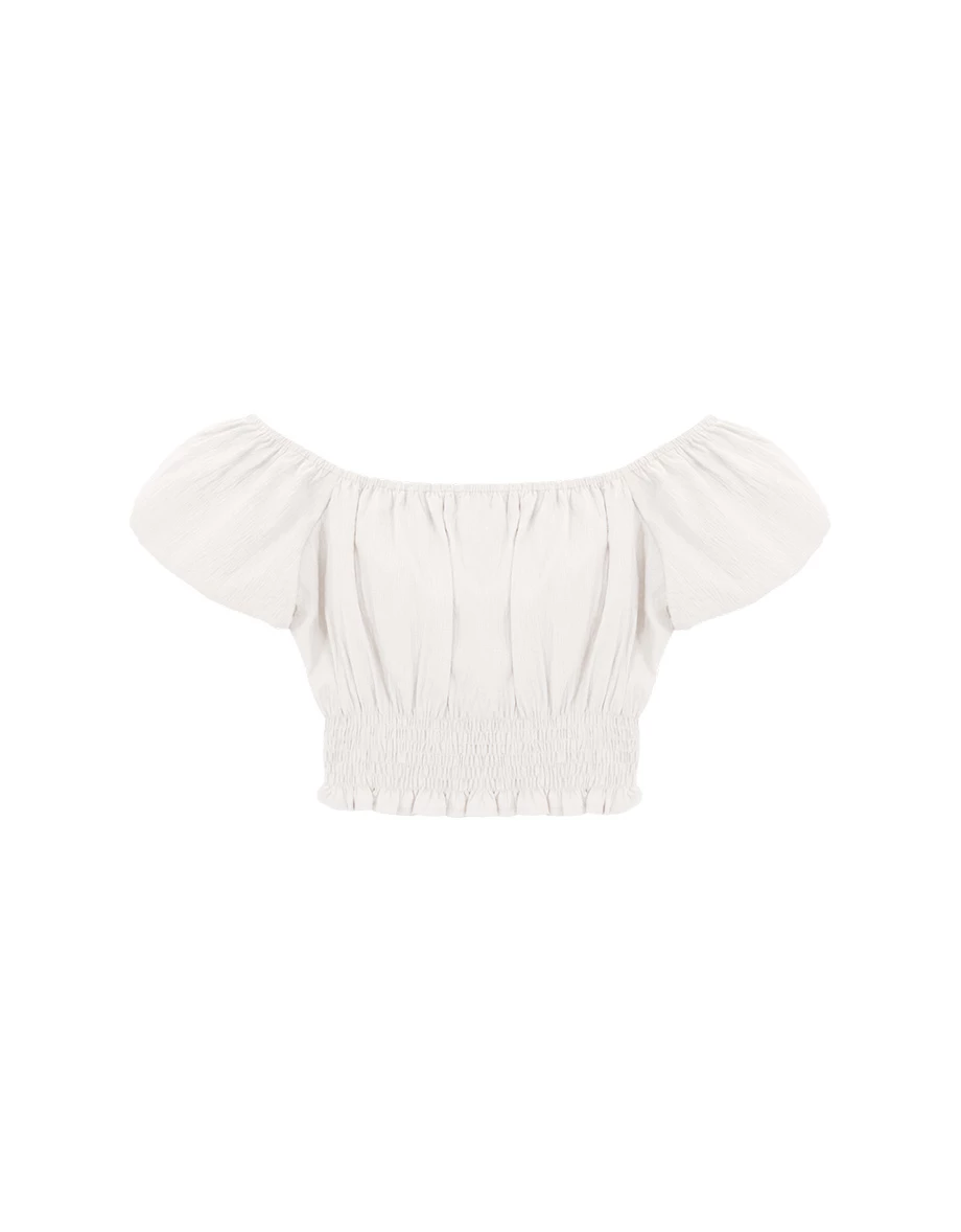 Off Shoulder Shirred Waist Puff Sleeve Crop Padded Bra Top