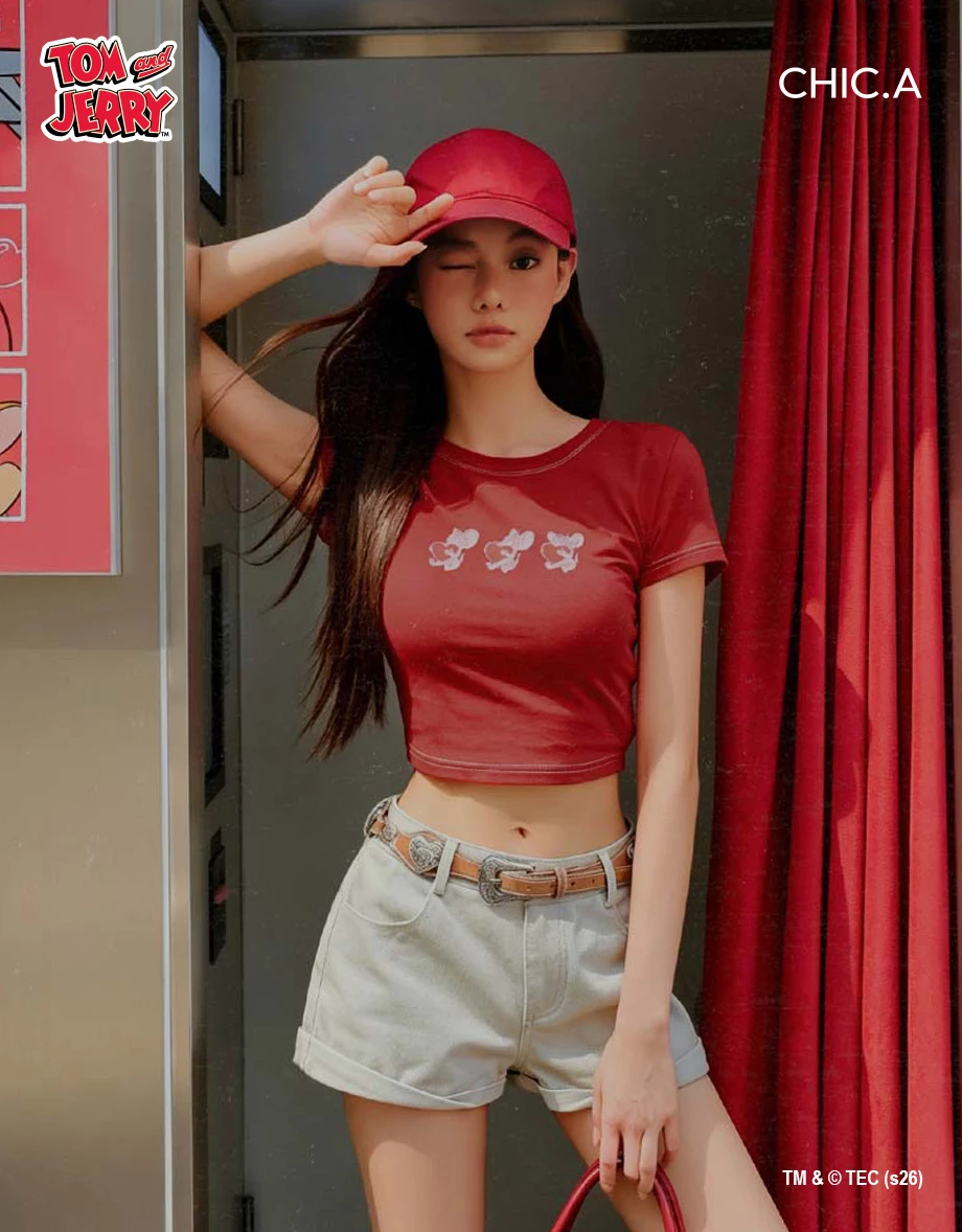 【湯姆貓與傑利鼠】 撞色車線印花圓領短袖短版TEE
