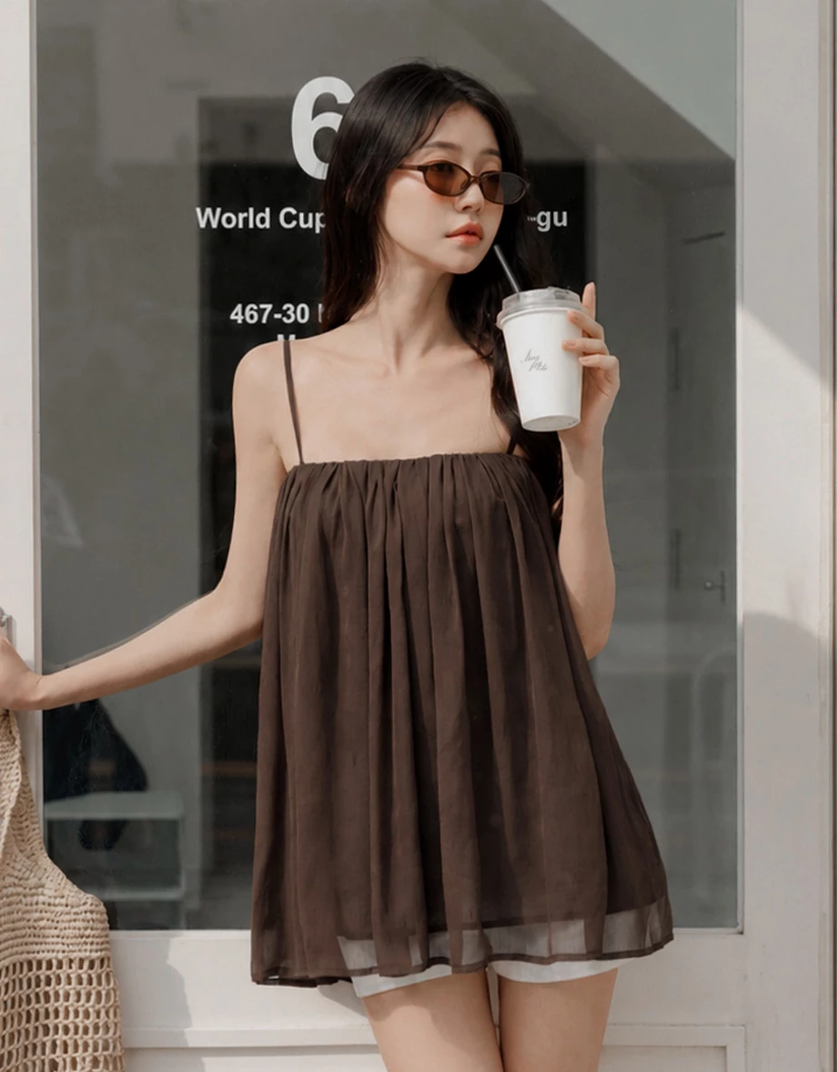 フレアシャーリングシフォンキャミソール(パッド付き)