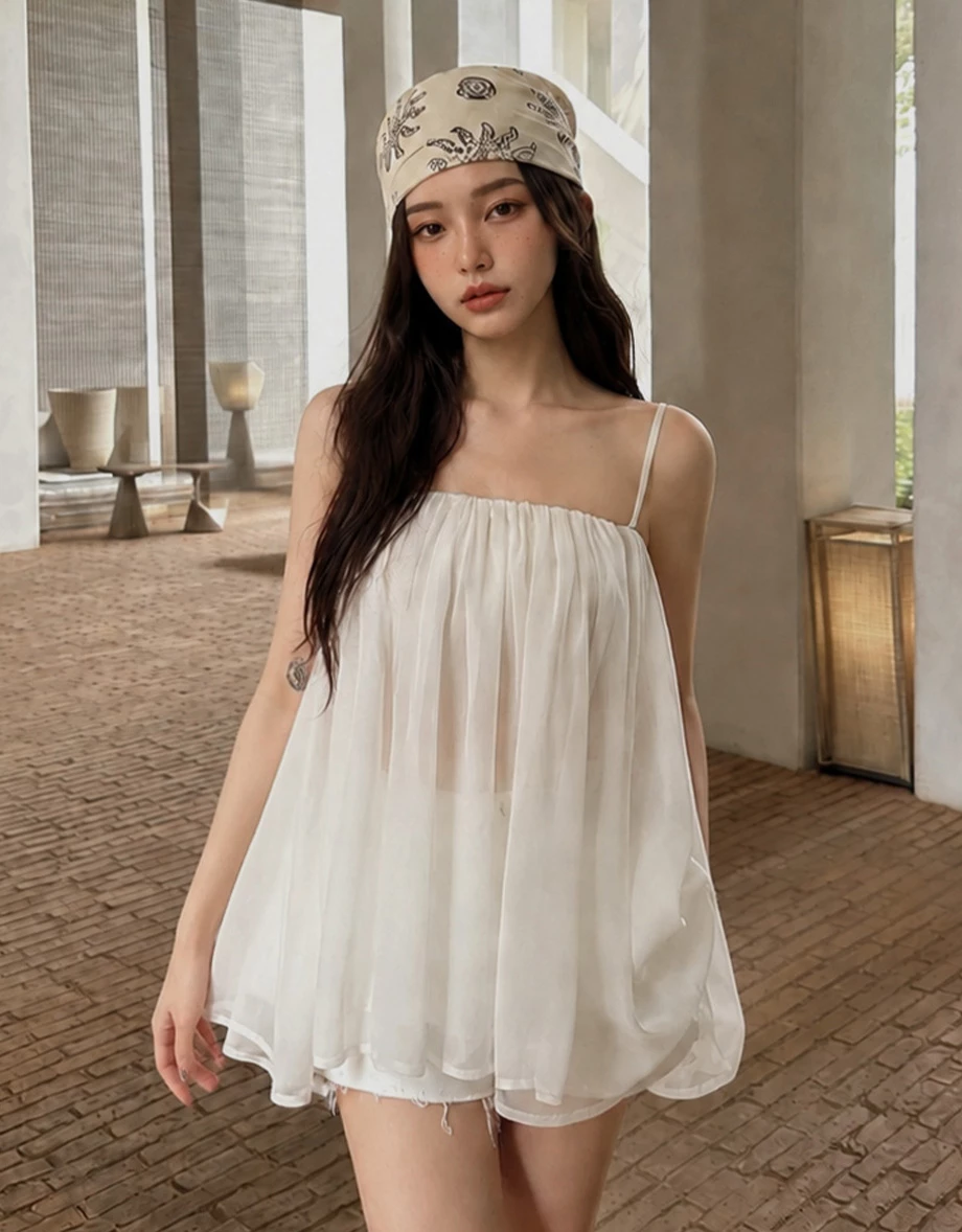 フレアシャーリングシフォンキャミソール(パッド付き)