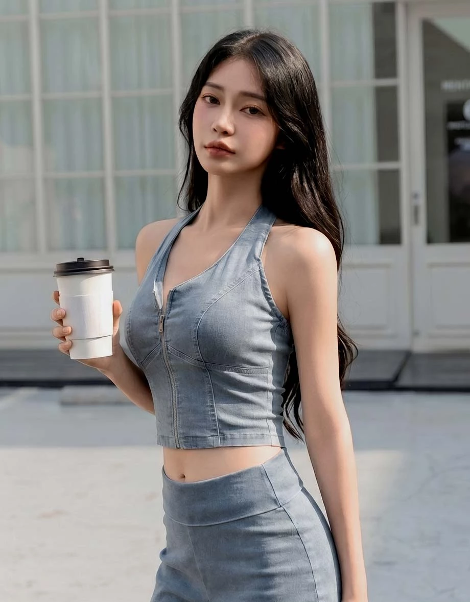 U領削肩美背拉鍊短版牛仔背心(附胸墊) U領削肩美背拉鍊短版牛仔背心(附胸墊)