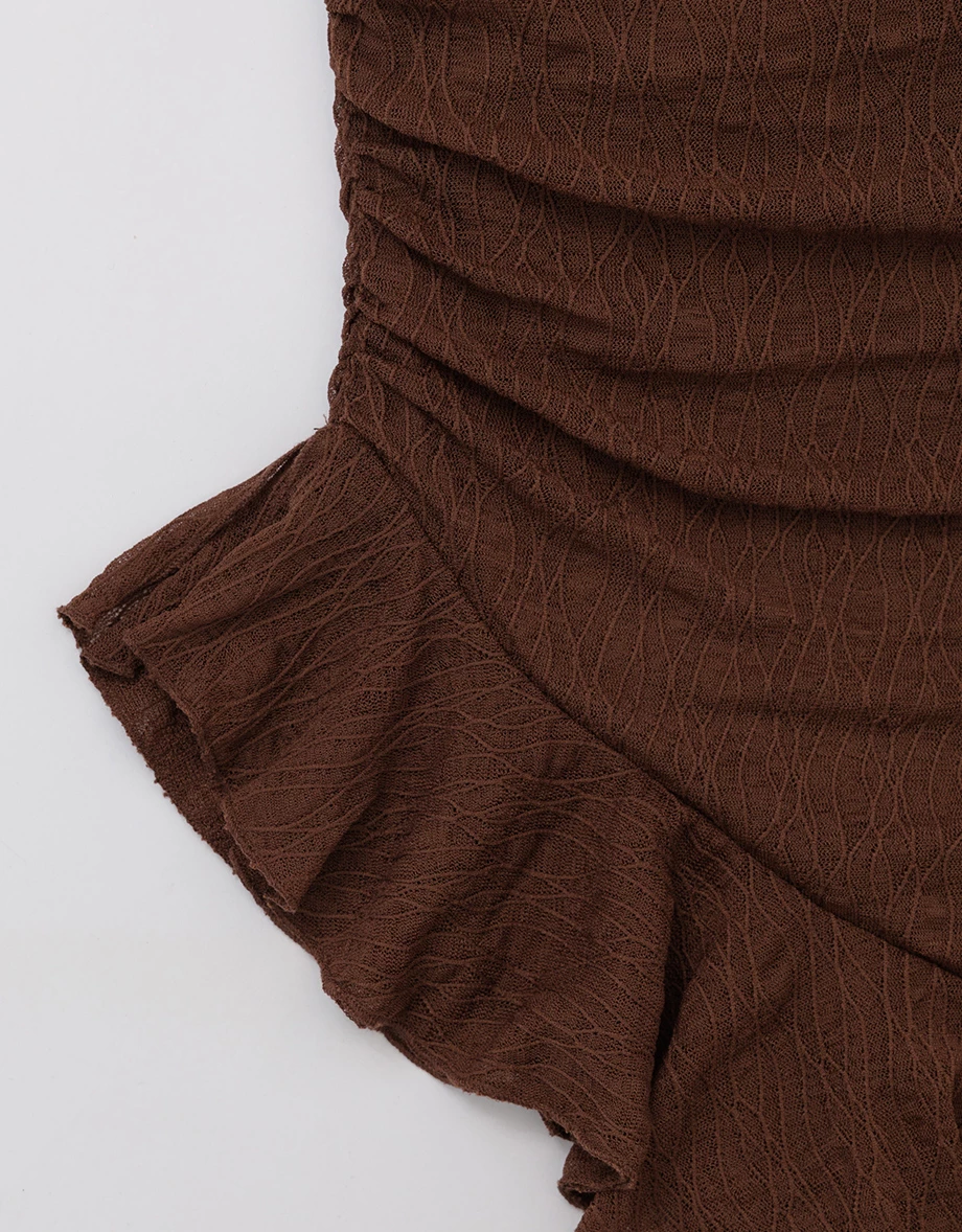 Textured Strapless Asymmetric Ruffle Hem Padded Tube Top