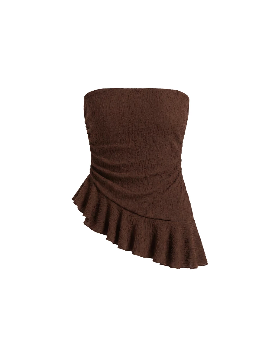 Textured Strapless Asymmetric Ruffle Hem Padded Tube Top
