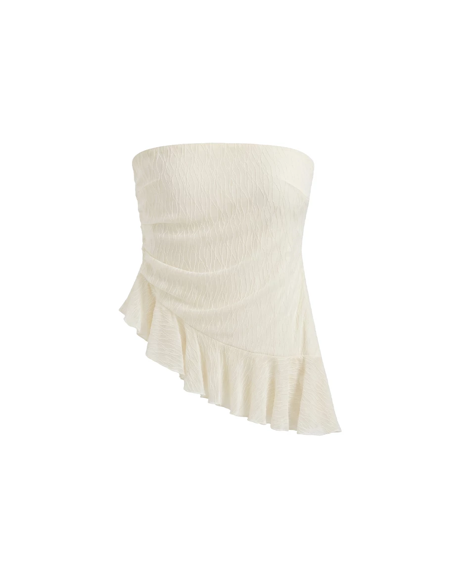 Textured Strapless Asymmetric Ruffle Hem Padded Tube Top