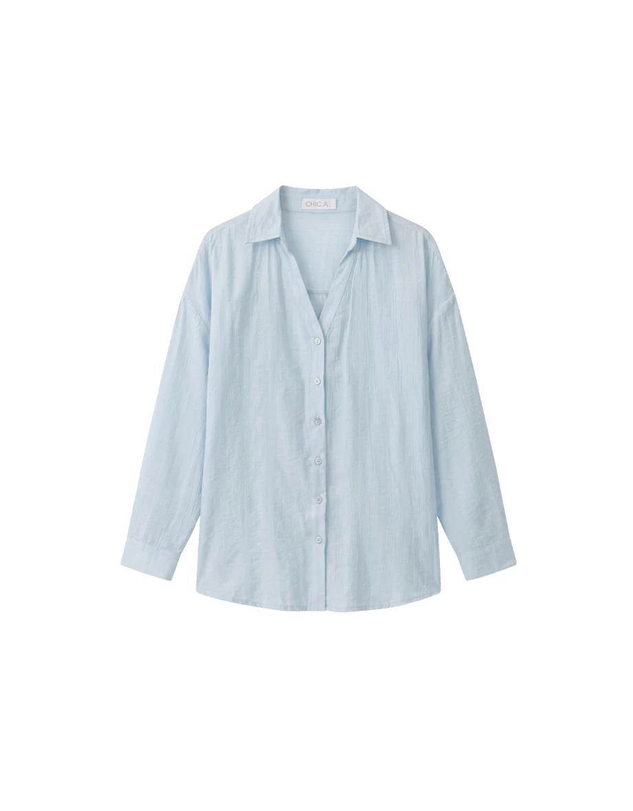 V Neck Dropped Shoulder Textured Long Sleeve Shirt Blouse