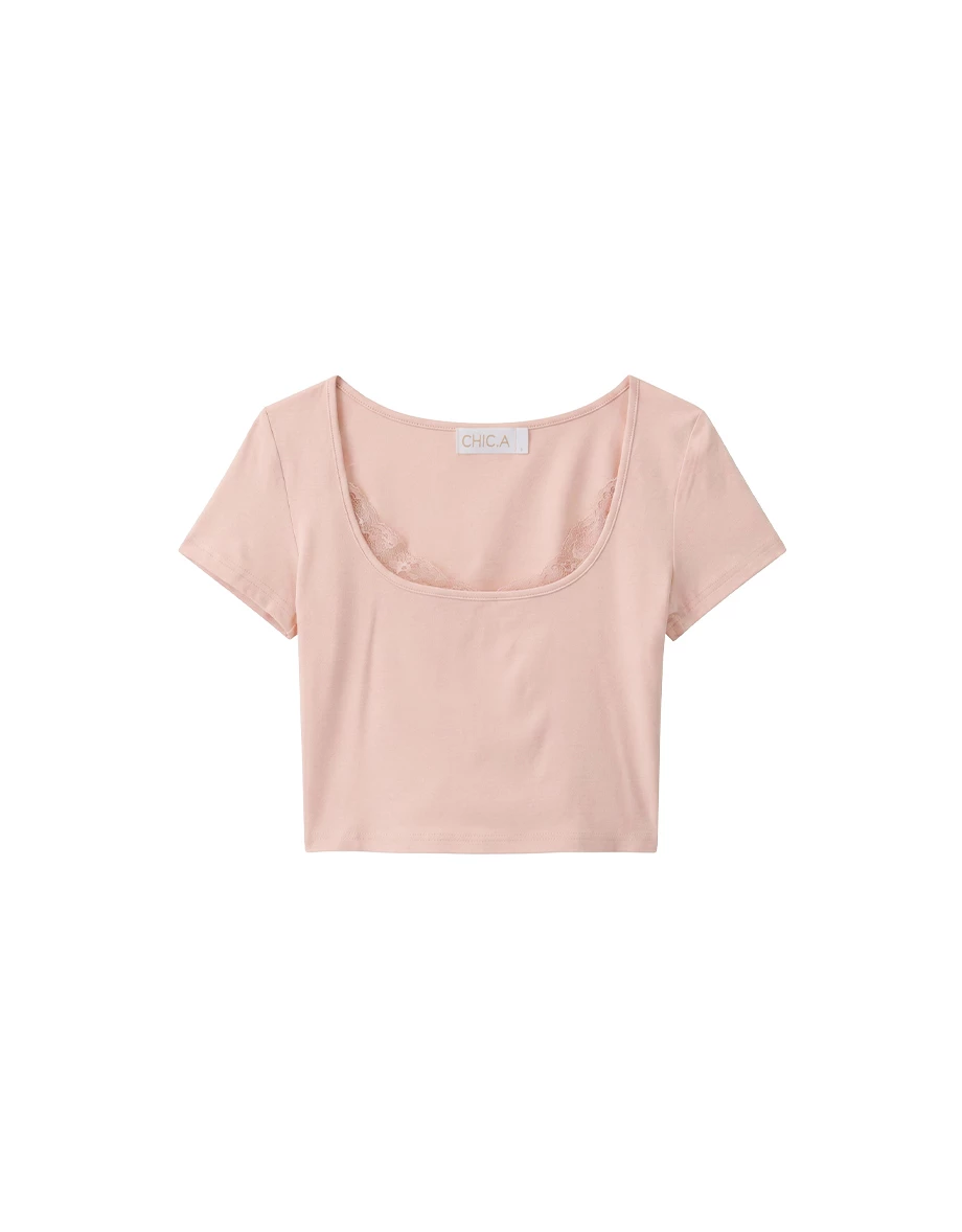 Lace Trim Detail Scoop Neck Short Sleeve Crop Top