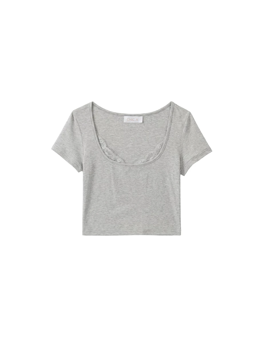 Lace Trim Detail Scoop Neck Short Sleeve Crop Top