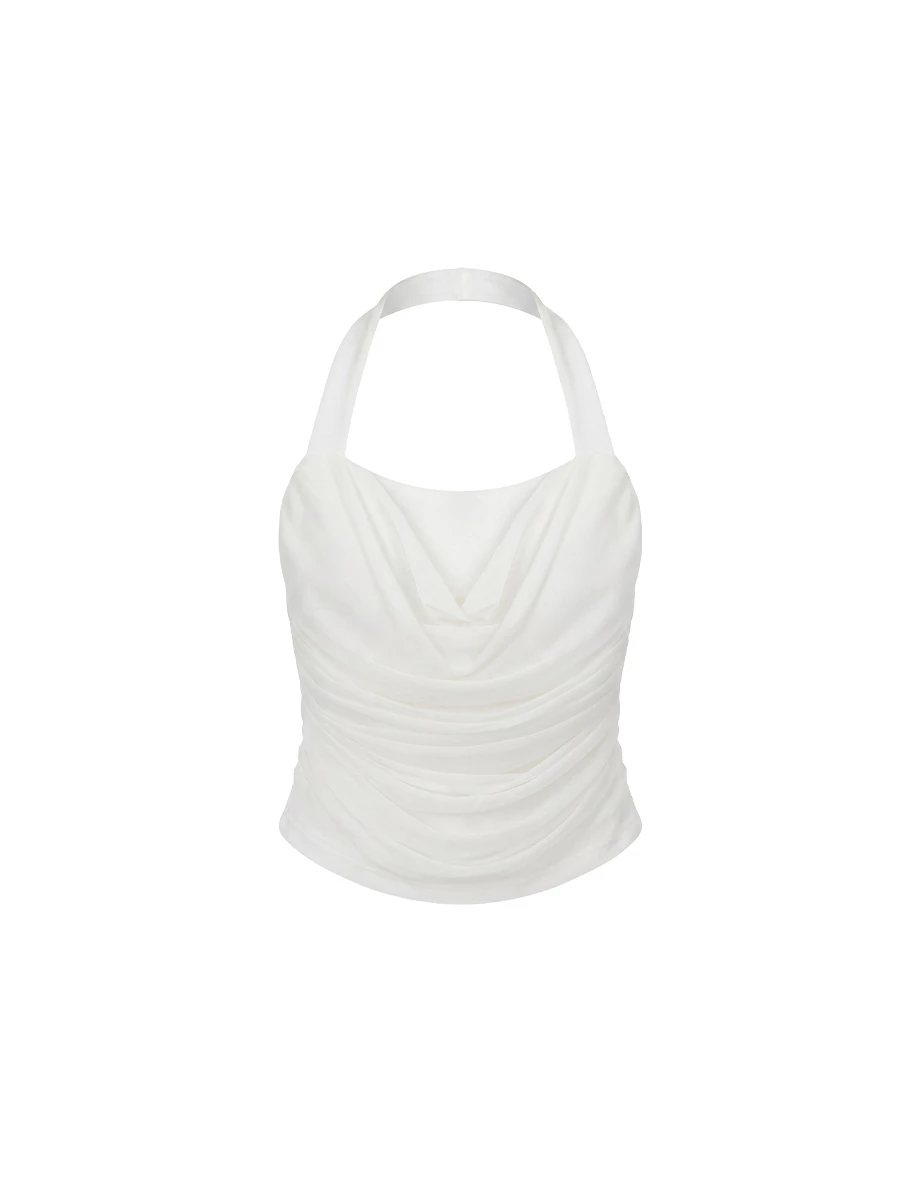 Draped Halter Neck Cowl Neckline Ruched Mesh Padded BraTop