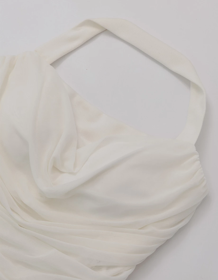 Draped Halter Neck Cowl Neckline Ruched Mesh Padded BraTop Draped Halter Neck Cowl Neckline Ruched Mesh Padded BraTop