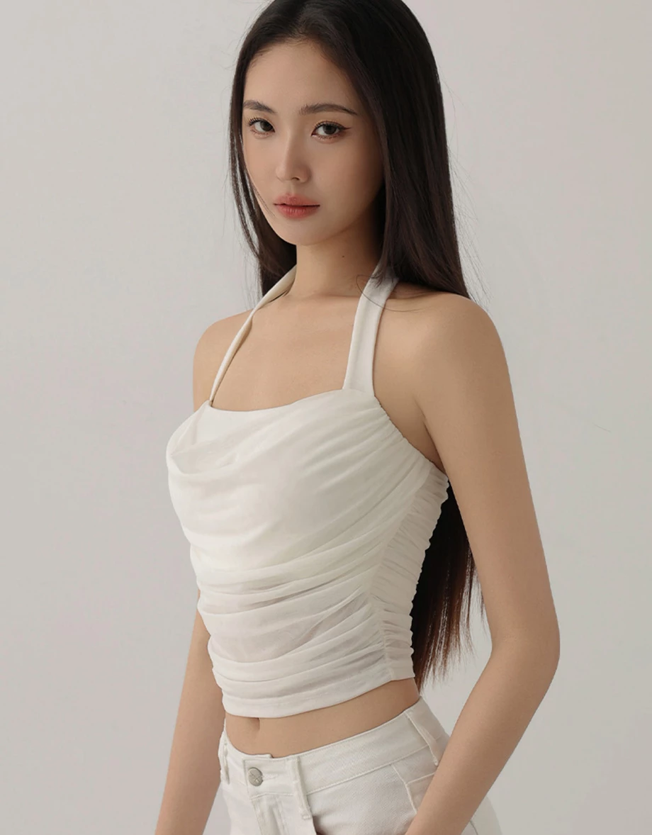 Draped Halter Neck Cowl Neckline Ruched Mesh Padded BraTop Draped Halter Neck Cowl Neckline Ruched Mesh Padded BraTop