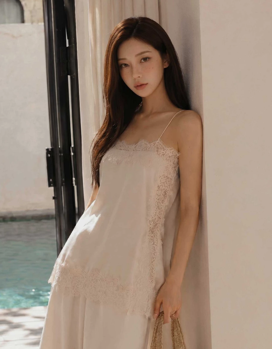Spaghetti Strap Satin Lace Trim Side Slit Cami Top