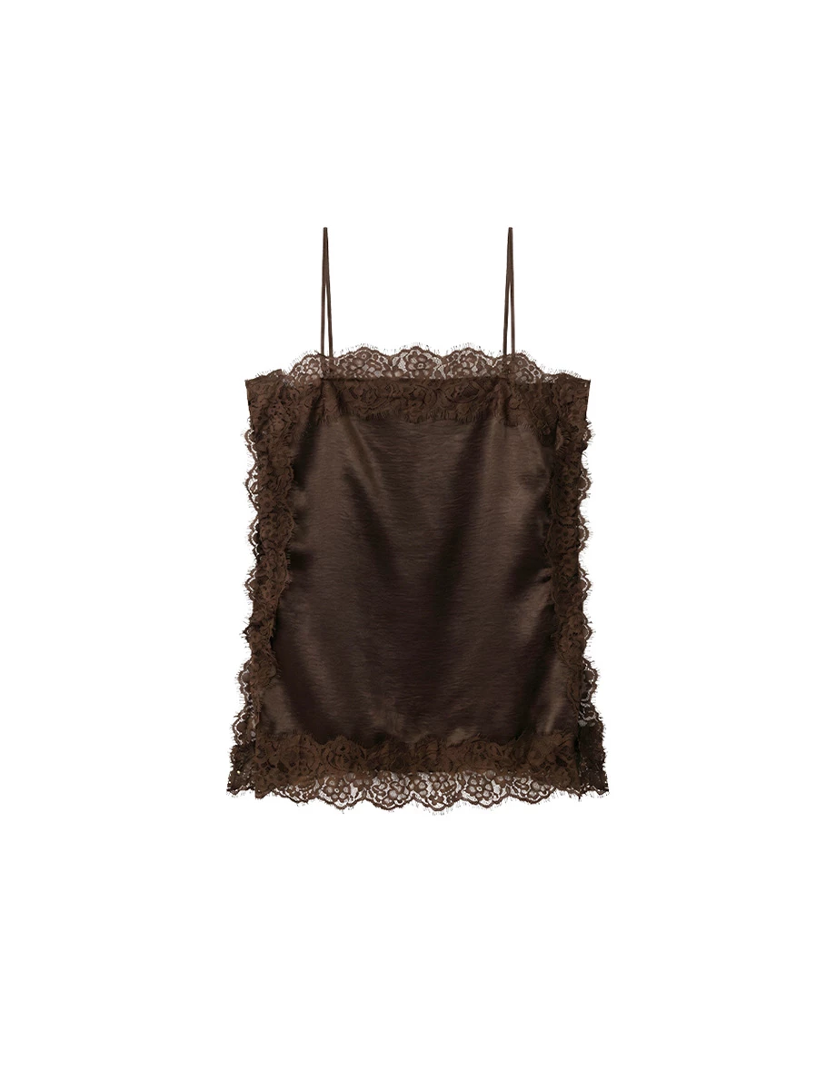 Spaghetti Strap Satin Lace Trim Side Slit Cami Top Spaghetti Strap Satin Lace Trim Side Slit Cami Top