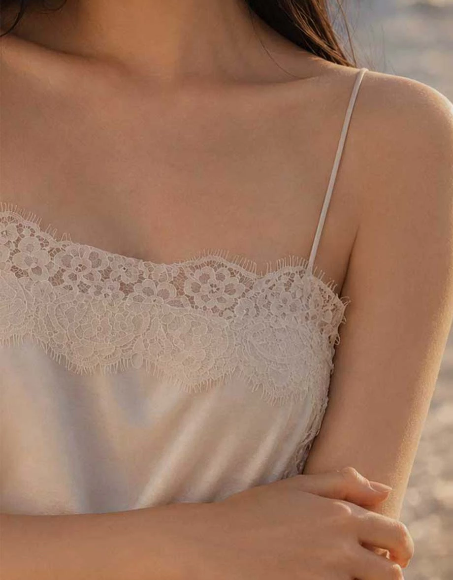 Spaghetti Strap Satin Lace Trim Side Slit Cami Top Spaghetti Strap Satin Lace Trim Side Slit Cami Top