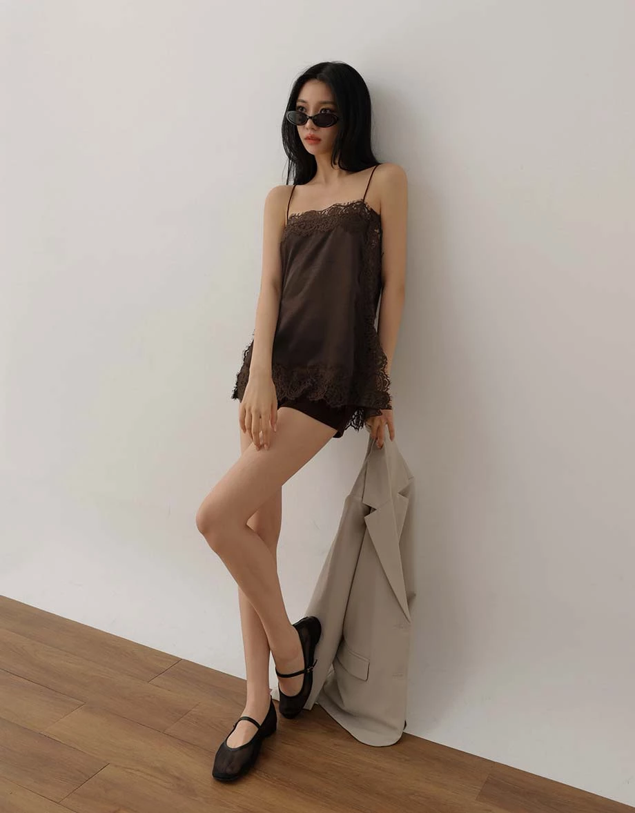 Spaghetti Strap Satin Lace Trim Side Slit Cami Top Spaghetti Strap Satin Lace Trim Side Slit Cami Top