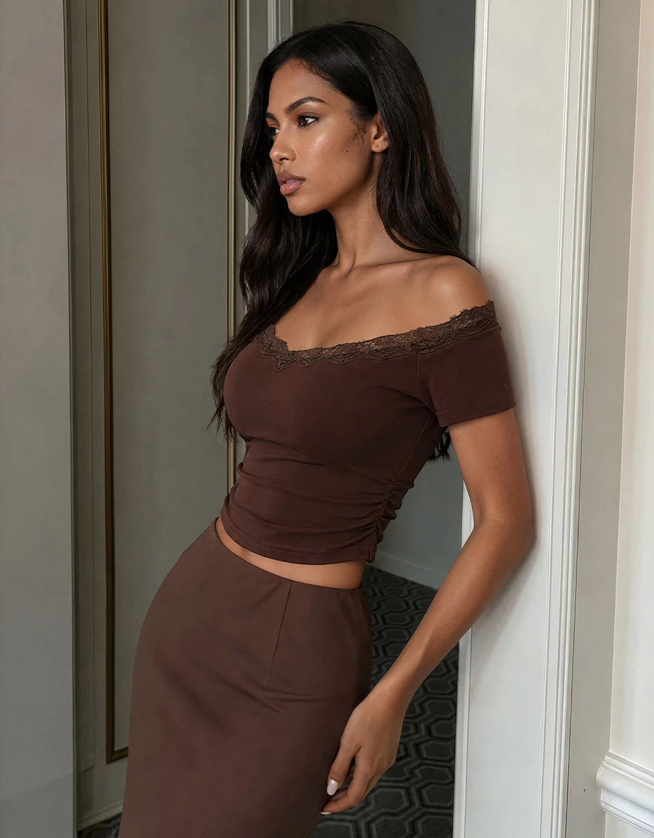 Off Shoulder Lace Trim Side Ruched Padded Bra Top Off Shoulder Lace Trim Side Ruched Padded Bra Top