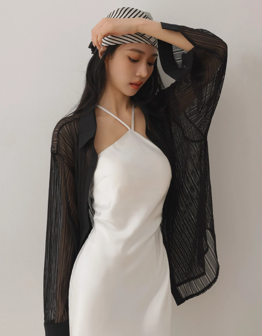 Sheer Stripe Button Up Collared Shirt Blouse
